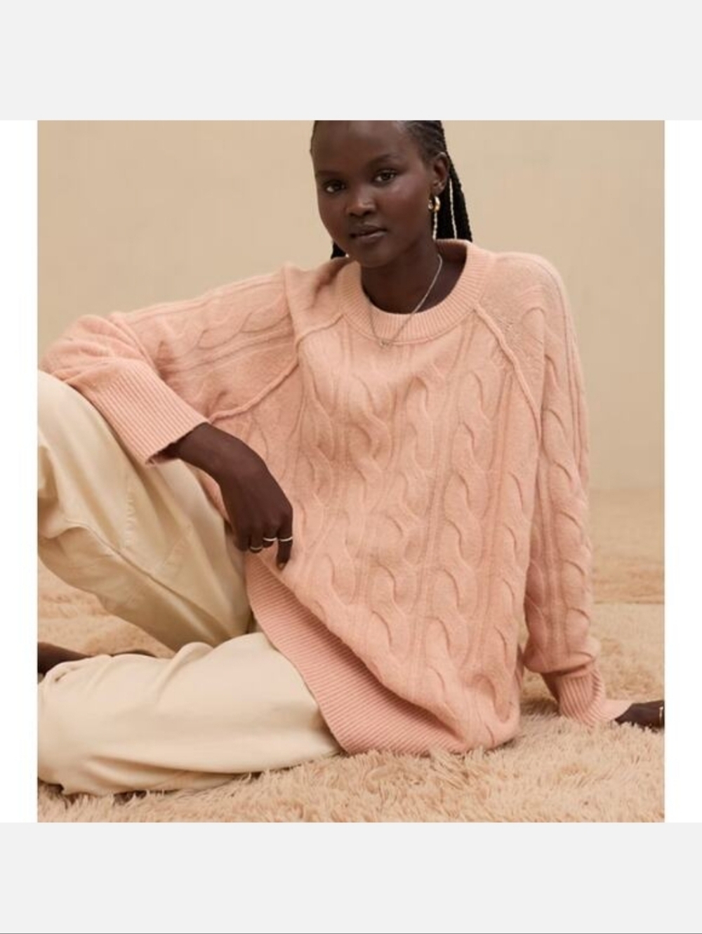 NWT Aerie Peach Cable Crewneck Sweater Super Soft Large Oversized